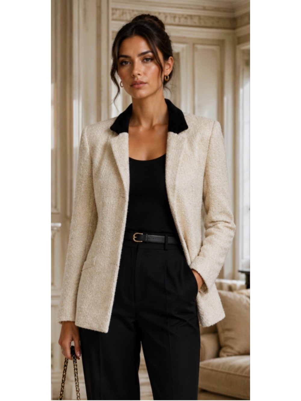 Chanel Sequin Tweed Blazer Jacket Size 42/10 Ivory Black Vintage Old Money Lux